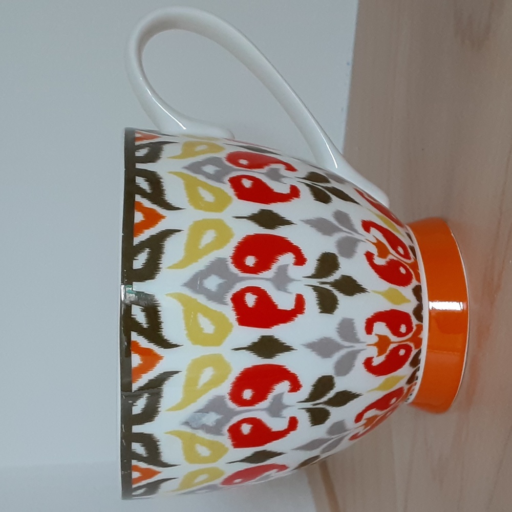 Portobello by Inspire Red Yellow Gray IKAT Orange Footed Cup Mug 14 oz